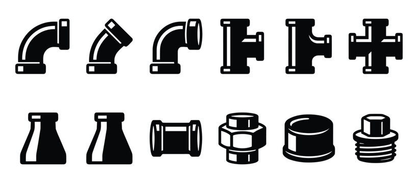 Black Plumbing Fittings and Connectors Vector Set. Different Pipe Fittings and Plumbing Parts Illustration