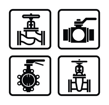 Black valve icons vector set. Illustration of different type valves in square frames