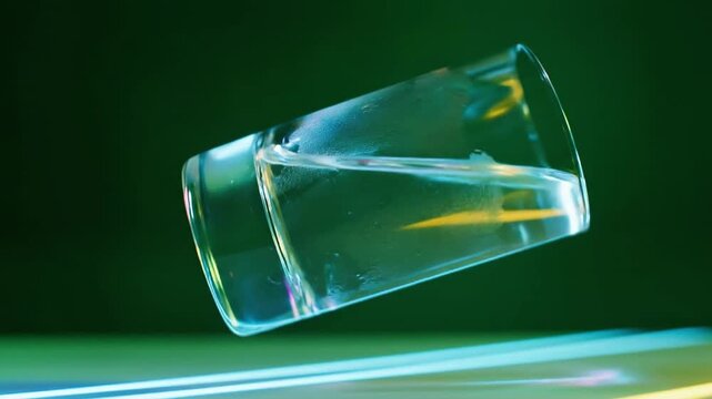 A glass of clear liquid appears to float above a surface, illuminated by vibrant multicolored lights reflecting off its surface and the background
