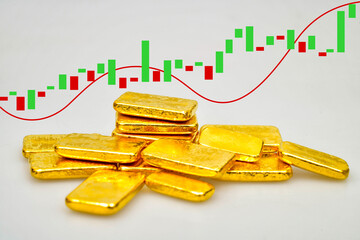 Many shiny gold bars and candlestick chart on white background