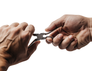 Two human hands precisely operating shiny metallic round nose pliers, demonstrating intricate craftsmanship, delicate, isolated on white background