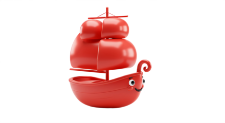 Red toy sailboat with cartoon face, isolated on white background