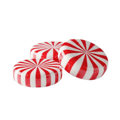 Obraz premium three glossy red and white spiral hard candies, meticulously arranged on a transparent surface with a transparent background, professional studio product photo, concept of holiday sweet indulgence