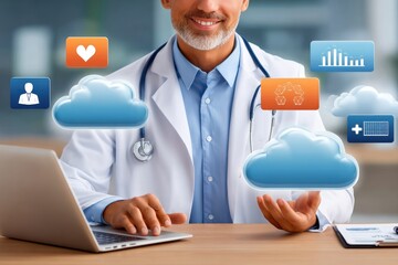 Doctor using laptop to present cloud computing concepts in healthcare and digital medicine