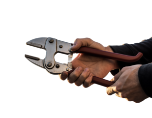 Male hands gripping robust metal pruning shears with reddish brown handles and sharp serrated blades, ready for, isolated on white background