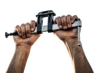 Strong male hands firmly gripping a heavy duty G clamp, black and silver, demonstrating industrial strength, secure, isolated on white background
