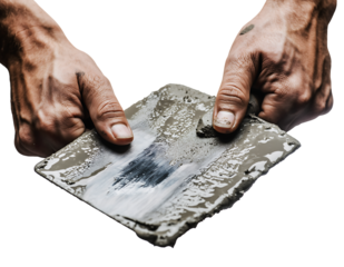 Strong, dirty construction worker's hands firmly hold a metal trowel covered with wet, grey cement, illustrating, isolated on white background