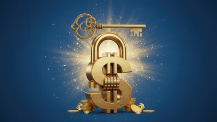 Golden dollar padlock with vintage key symbolizing financial security and wealth growth solution