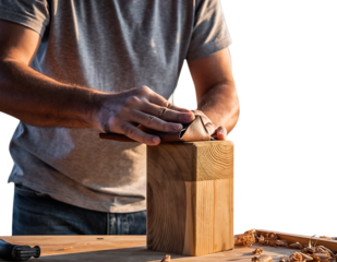 Man in gray t shirt sanding wooden block with sandpaper on workbench, wood shavings, warm sunlight, demonstrating, isolated on white background
