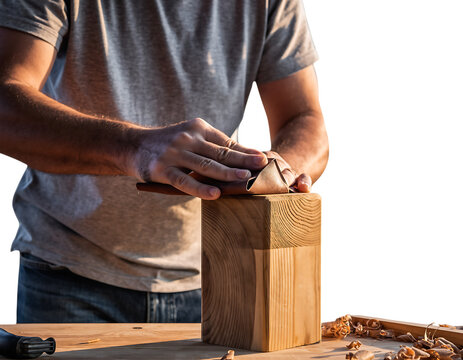 Man in gray t shirt sanding wooden block with sandpaper on workbench, wood shavings, warm sunlight, demonstrating, isolated on white background