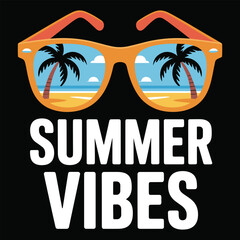 Obraz premium Orange sunglasses with tropical beach scene and summer vibes text