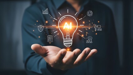 Person holding a light bulb with ai and technology icons floating around in a futuristic setting