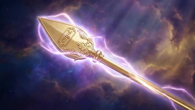 Golden vel spear of murugan radiating majestic purple power, digitally illustrated for thaipusam against a cosmic storm.