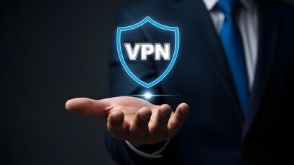 Business professional holding a digital shield icon with vpn text representing cybersecurity protection