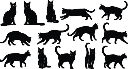Black cat silhouette set illustration, multiple realistic feline poses collection, animal shadow shapes isolated on white background vector © Vexora Studio