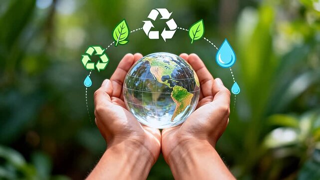 Hands holding globe with recycling icons