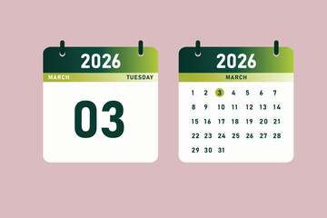 Modern March 2026 calendar design showing Tuesday, March 3, with clean typography, green gradient header, and minimal layout.