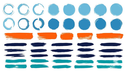 Abstract brush strokes and oval shapes in shades of blue teal and orange