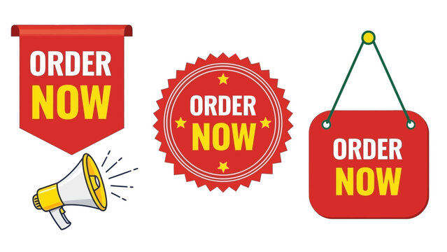 Promotional graphics featuring order now banners a megaphone and red design elements