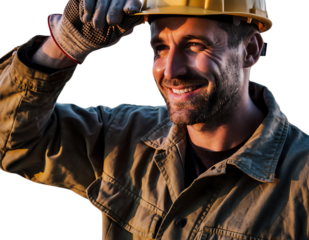 Smiling bearded construction worker beige jacket, grey gloves, yellow hard hat, adjusting headwear, looking happily, isolated on white background