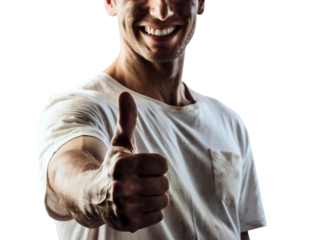 Smiling man in dirty white t shirt, face smudged, giving a thumbs up gesture. Conveys approval, success, satisfaction, isolated on white background