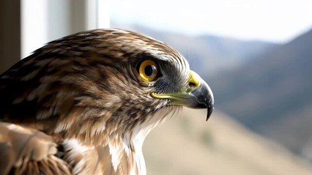 Close-up of a hawks head with a sharp beak and intense gaze.