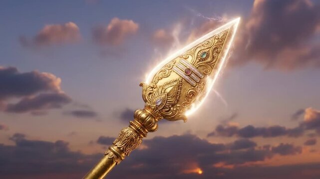 The ornate golden vel of lord murugan glows powerfully against a dramatic sunset sky, symbolizing thaipusam.