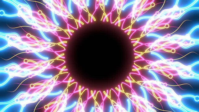 Radial curves connected with dots in circle form. Fireworks explosion background. Abstract geometric star rays. Design element for medical, treatment, cosmetic emblem. Data science concept