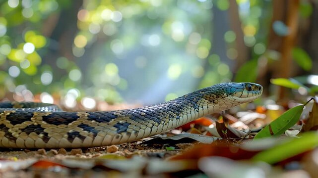 A beautiful snake slithering through the forest, close-up shot.