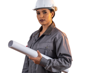 Confident female engineer, white hard hat, grey uniform, holding blueprint, looking at camera, symbolizing, isolated on white background