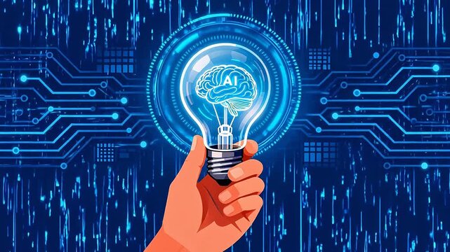 Hand holding light bulb with brain and AI