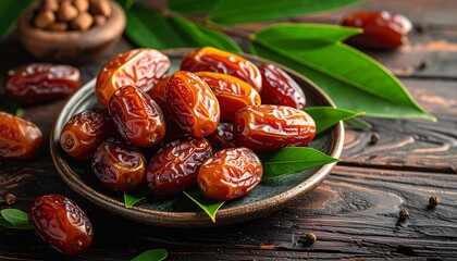 Delicious Dates on a Plate with Green Leaves.