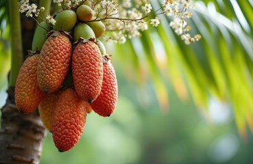 Ripe red palm fruits cluster on tree branch with green unripe fruits nearby. Small white flowers bloom on stem. Tropical plant foliage forms soft background.