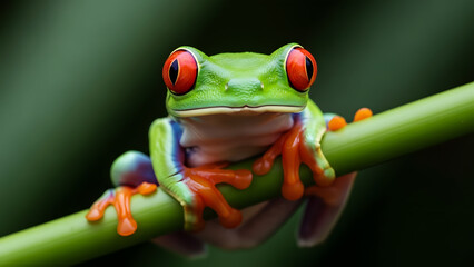 Obraz premium Close Up of a Vibrant Red- Eyed Tree Frog Perched on a Green Stem red-eyed tree frog