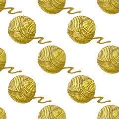 Hand drawn vintage seamless pattern of yellow wool yarn ball for knitting in color version