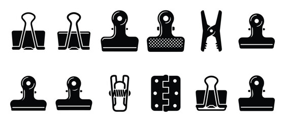 Collection of binder clips and hinge clip illustrations in black color