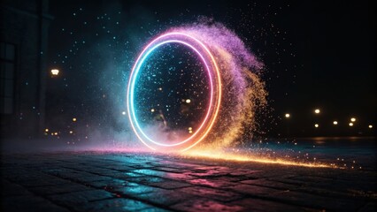 Vibrant neon particle halo forms futuristic ring on cobblestone street at night, creating mesmerizing glow