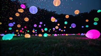 Fototapeta premium Colorful glowing orbs float above grassy field at night, creating magical and serene atmosphere