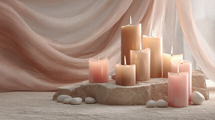 A serene scene featuring candles of varying sizes, positioned gracefully on a stone, casting a warm glow