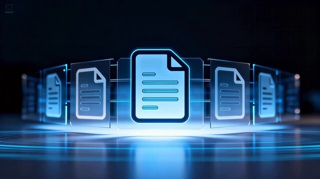 Digital document icons in blue light