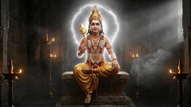 Lord murugan, celebrated during thaipusam, sits dramatically illuminated by a divine golden aura in a dark temple sanctuary.