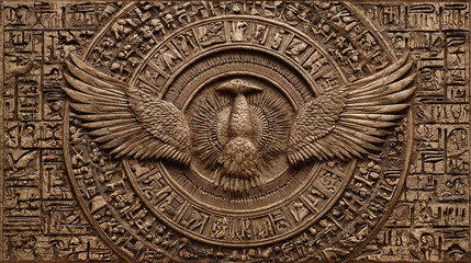 A stunning ancient artifact depicting a bird with outstretched wings and intricate carvings, evoking a sense of history and mystery