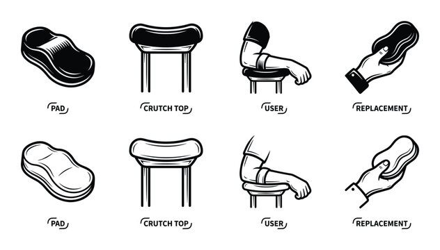 Crutch pad replacement illustration showing crutch top and user arm in black and white