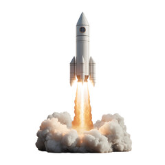 Fototapeta premium White rocket ship launching into the air with flames and smoke space exploration transparent background