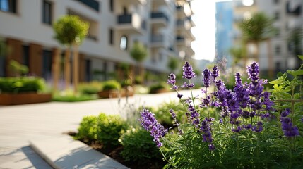 Peaceful urban garden with vibrant purple flowers and modern apartment buildings in the background