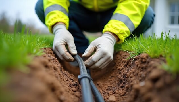 Worker wearing gloves, hi-vis jacket installs black cable in dirt trench. Outdoor construction job involves laying utility line through grass field. Manual labor secures infrastructure connection for