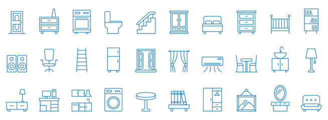 Furniture line icon set. Furniture and home decor blue line icon set. Stylish home interior icon set. Featuring furniture, living room, bedroom, bathroom and more.  © Shekhar438