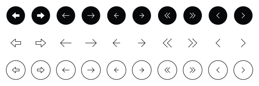 Arrow buttons icon set. Arrow icons set. Website slider navigation symbols. Next and previous rounded buttons for app. Black arrow buttons isolated and outline vector illustration.