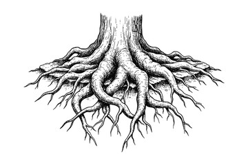 Detailed illustration of a tree trunk and roots, roots system drawing design, black and white artwork © ProAssets