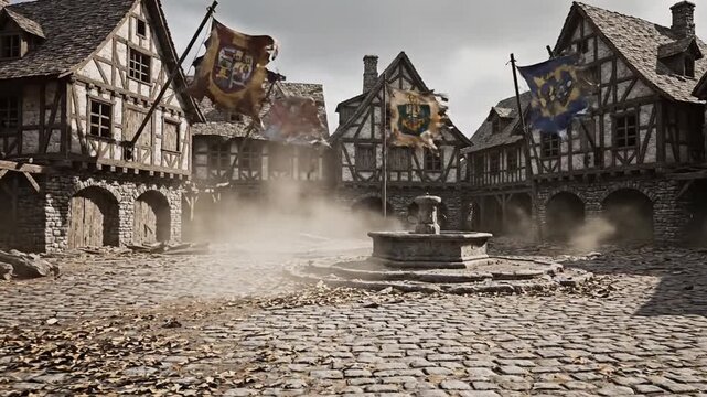 Medieval European town square with half timbered houses and cobblestone streets under dramatic cloudy sky